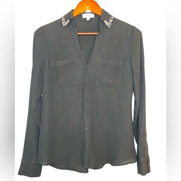 Express Black Portofino shirt with Jeweled collar Size XS - Picture 6 of 10